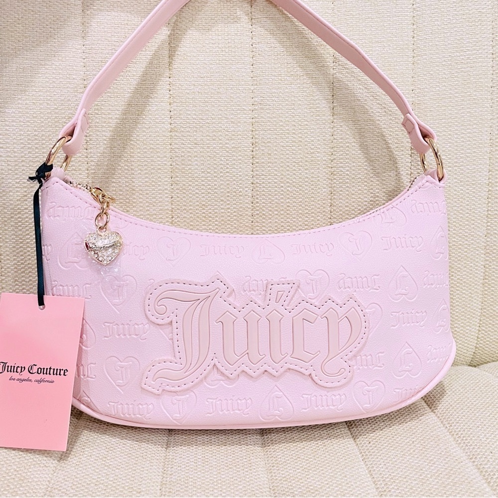 NEW Juicy Couture Pink Embossed Logo Shoulder Bag Rhinestone Heart Charm NWT